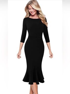 NWT Vfshow Classic Black Long-Sleeve Mermaid Midi Dress, XS
